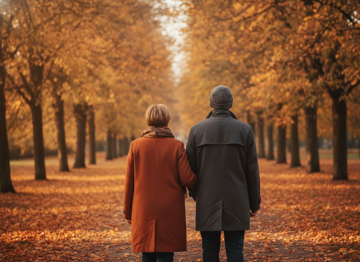Paar um die 55 spaziert Arm in Arm durch eine herbstliche Allee