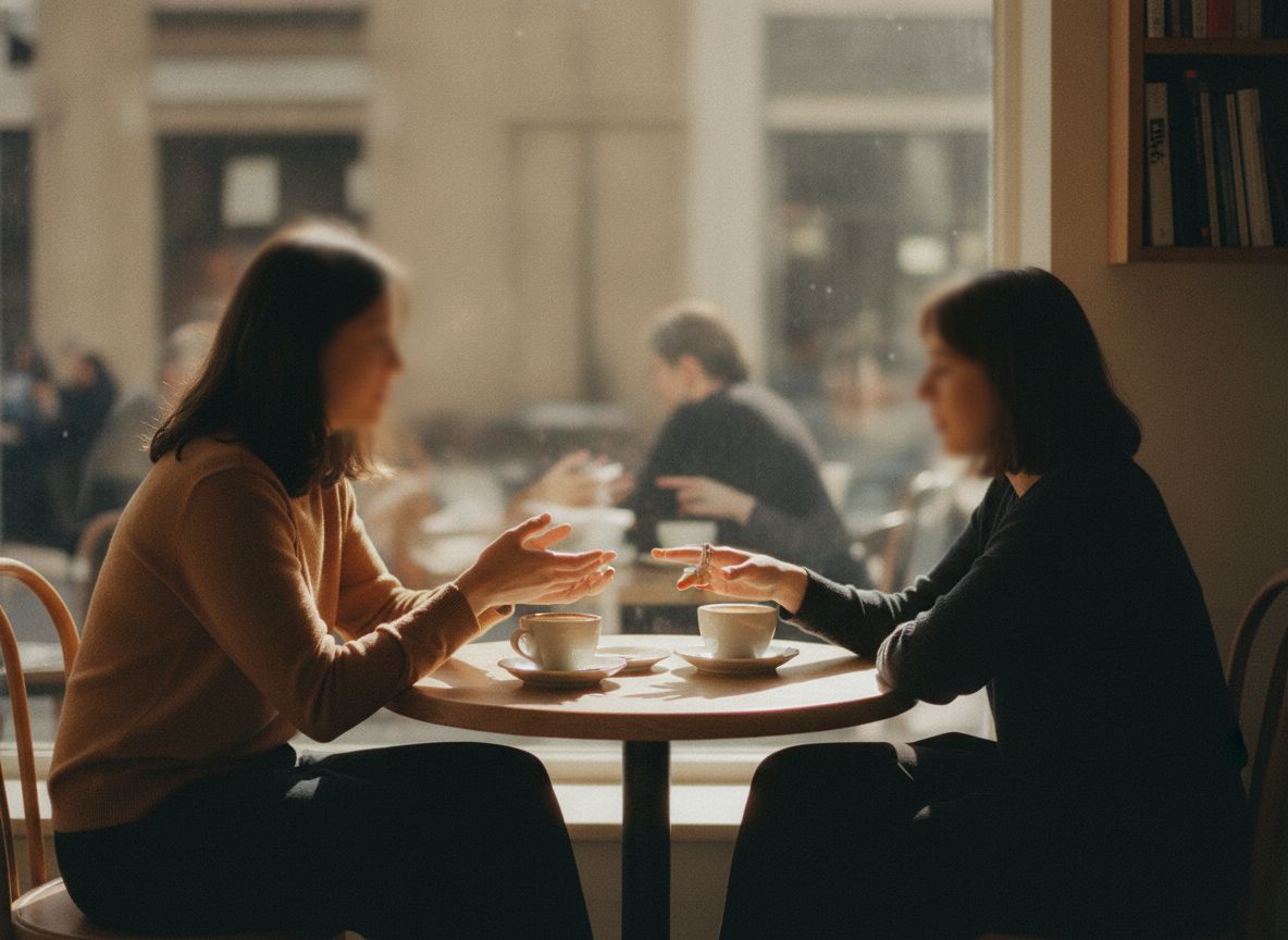 Zwei Menschen sitzen einander an einem Cafétisch gegenüber und unterhalten sich