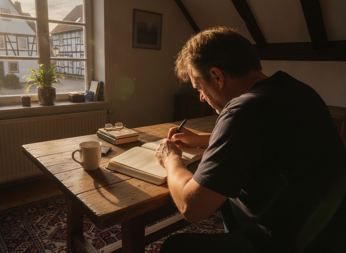 Mann schreibt am Schreibtisch bei warmem Licht an seiner Kontaktanzeige