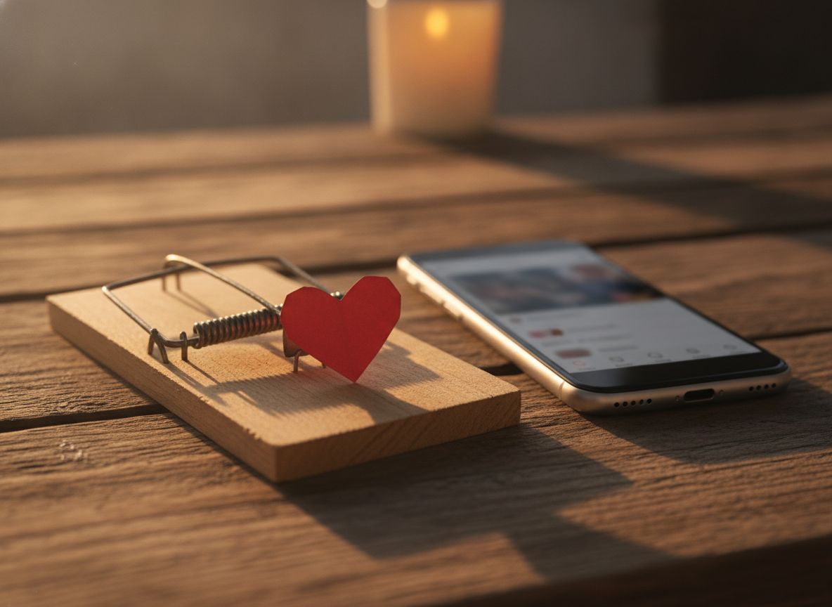 Mausefalle mit rotem Papierherz neben einem Smartphone auf einem Holztisch