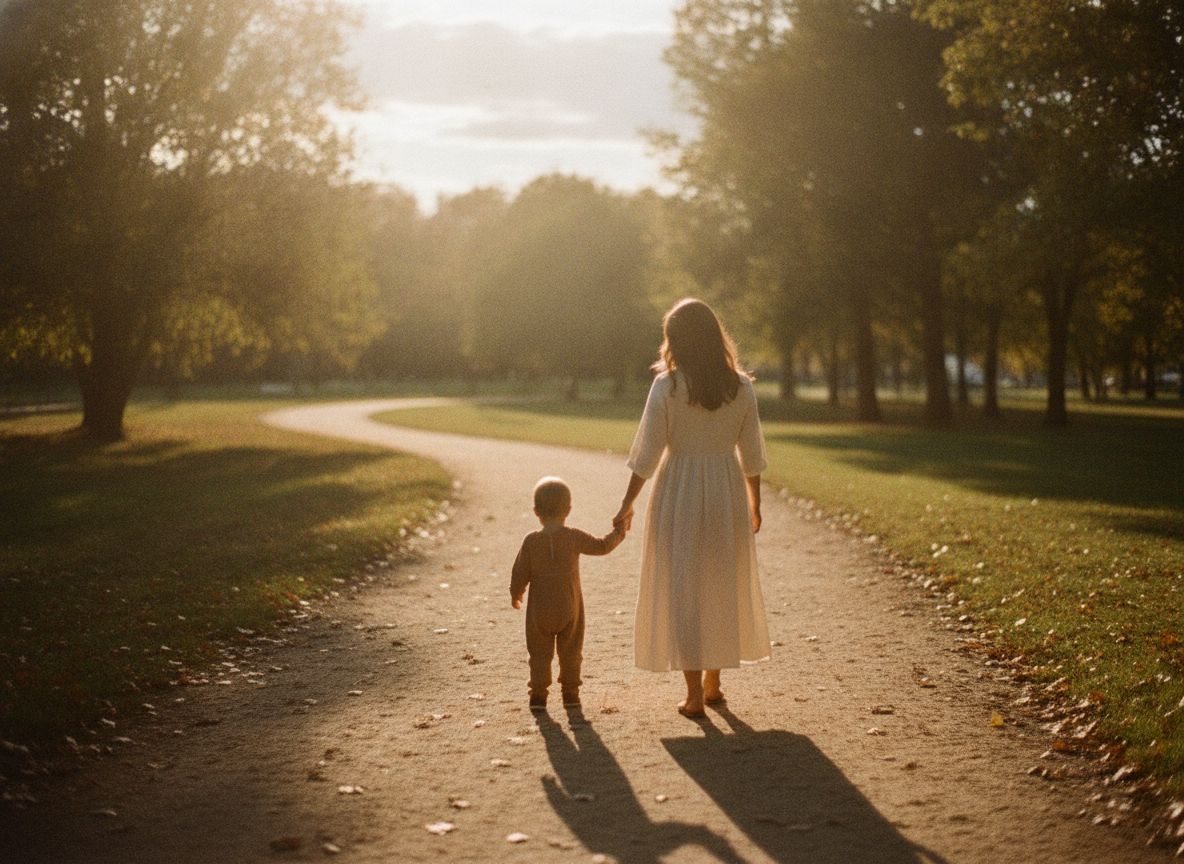 Mutter und Kind gehen Hand in Hand auf einem Parkweg im Abendlicht