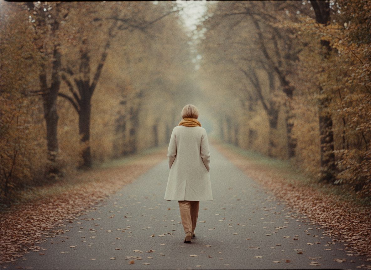 Frau geht allein auf einer herbstlichen Allee, von hinten aufgenommen