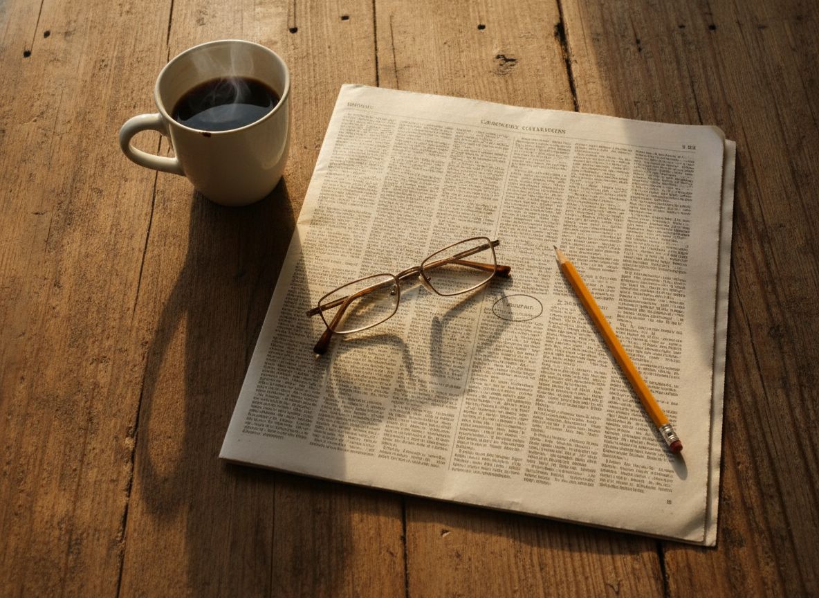 Aufgeschlagene Zeitung mit Anzeigenteil, Brille und Kaffee auf einem Holztisch