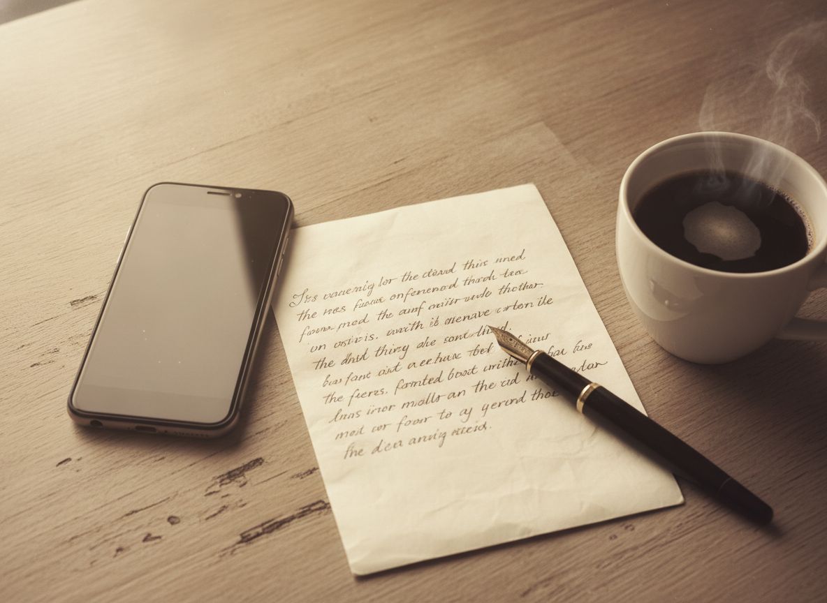 Umgedrehtes Smartphone neben handgeschriebenem Brief und Kaffee auf einem Holztisch