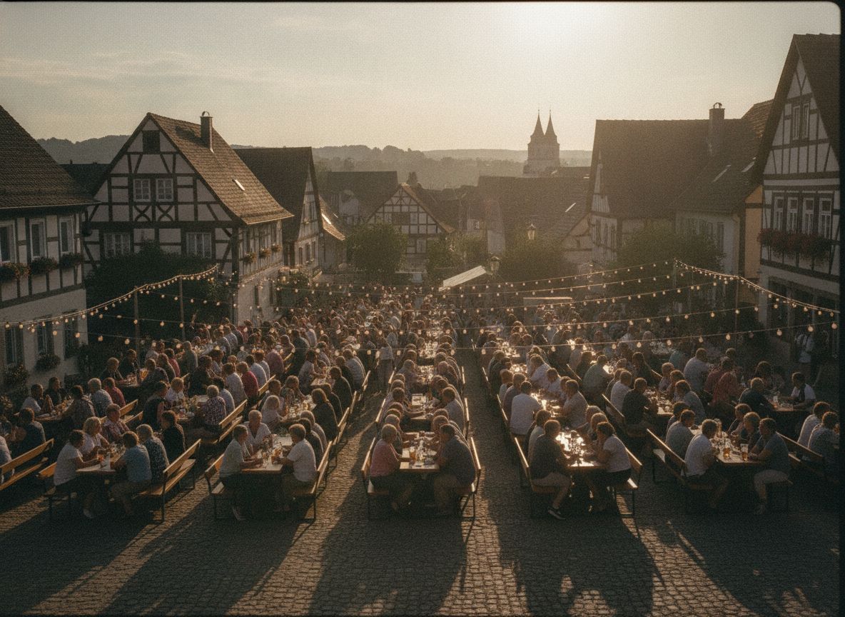 Dorffest mit langen Tischreihen und Lichterketten zwischen Fachwerkhäusern
