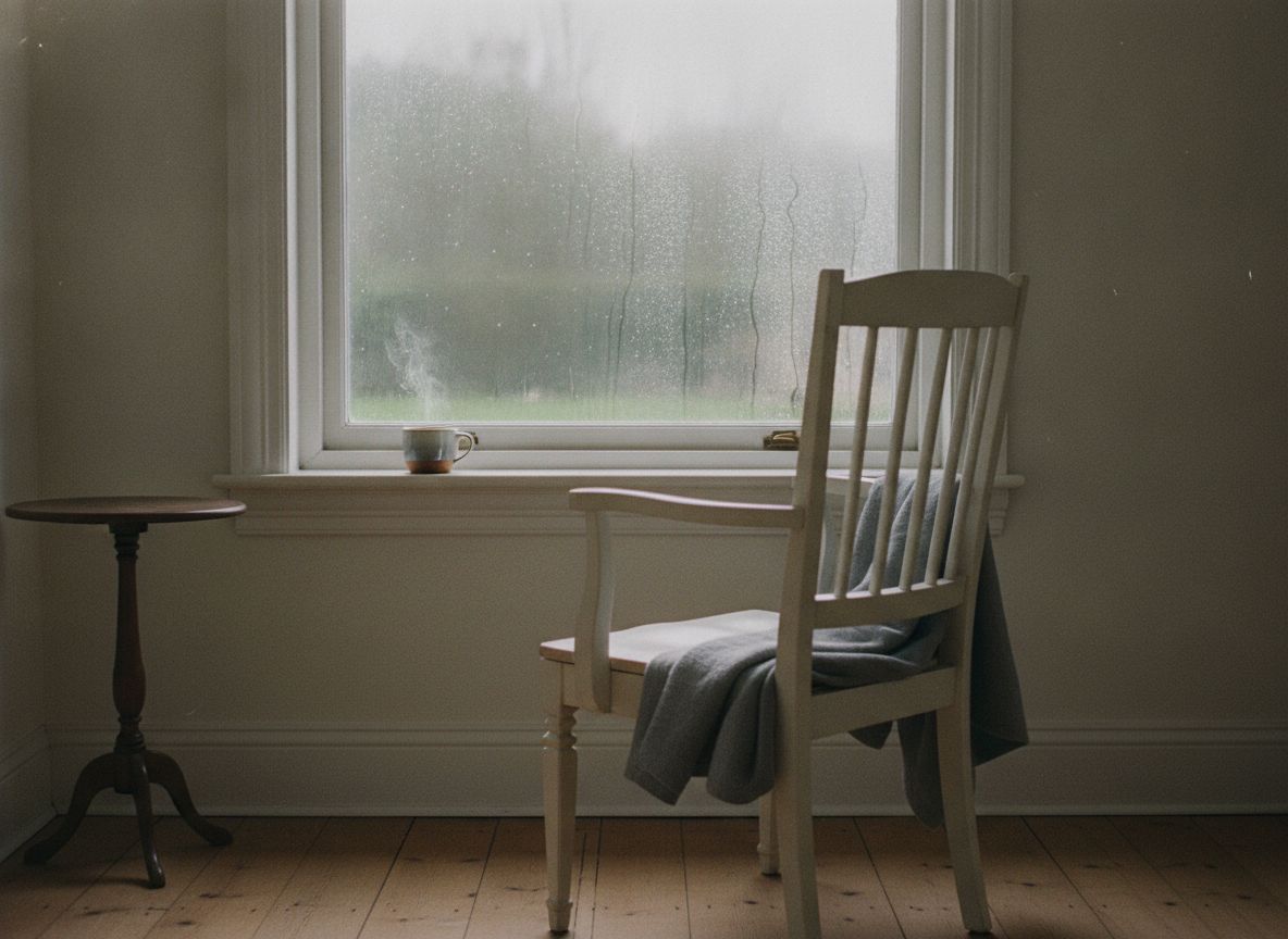 Leerer Stuhl mit Wolldecke am Fenster, draußen Regen auf der Scheibe