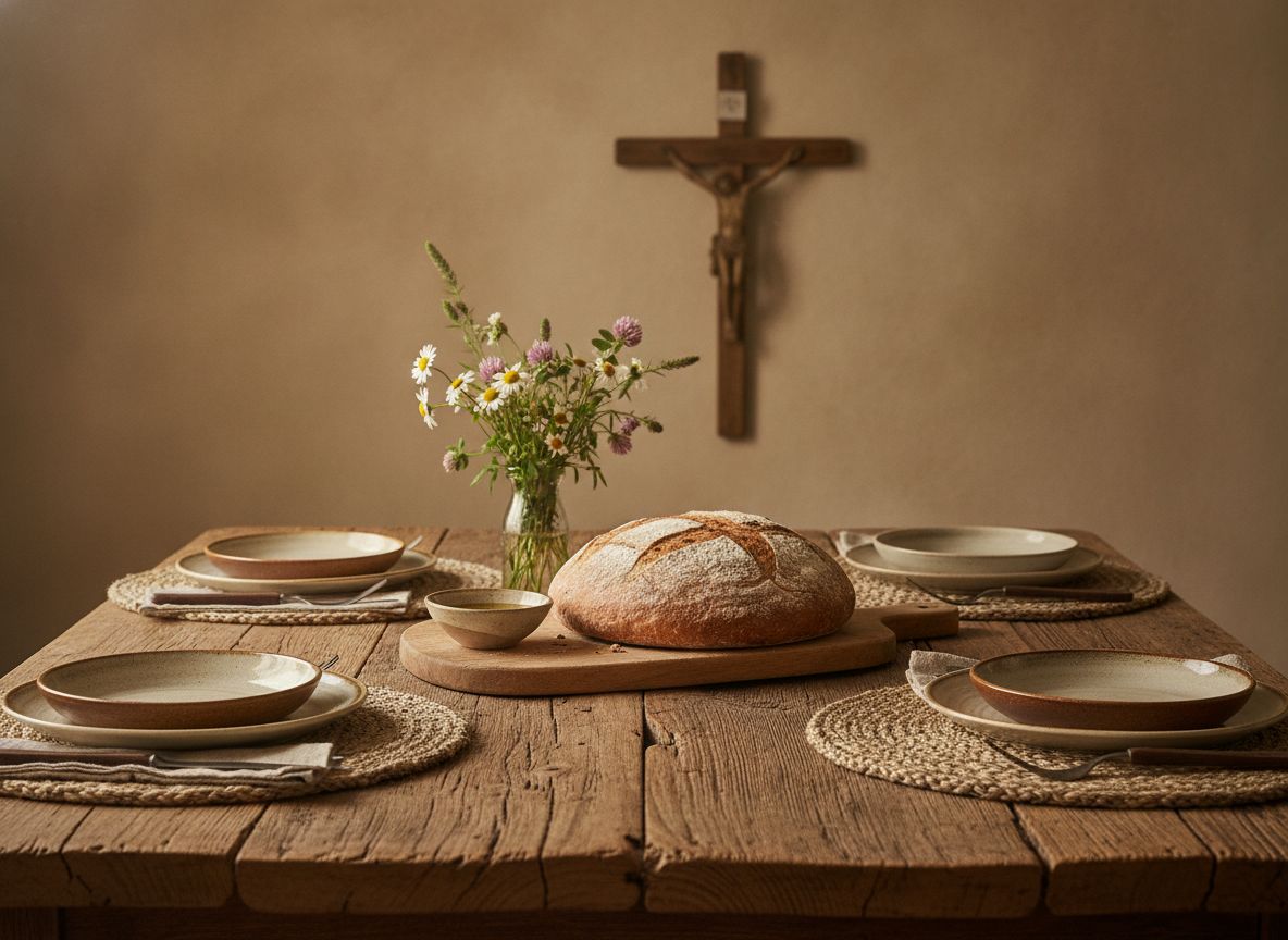 Gedeckter Holztisch mit Brot und Wildblumen, im Hintergrund ein Holzkreuz an der Wand
